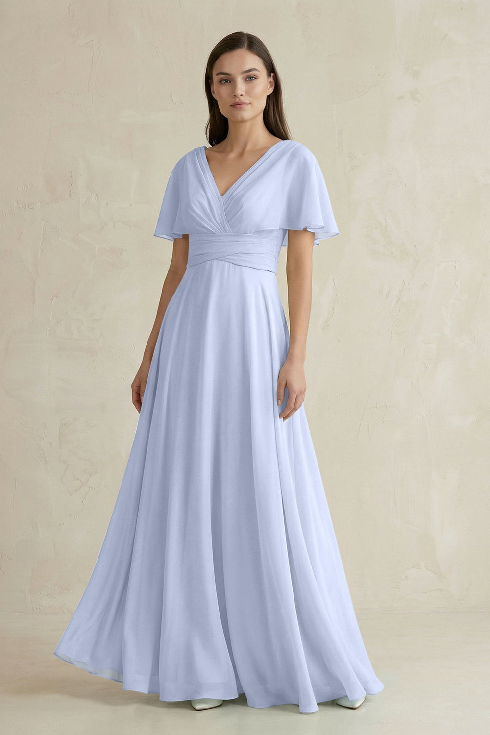 V - Neck Ruffled Sleeve A - Line Chiffon Bridesmaid Dress in Ice - KissProm Bridesmaid Dresses