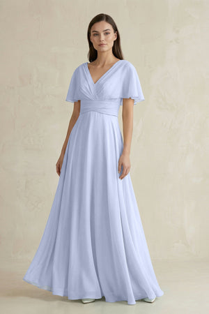 V - Neck Ruffled Sleeve A - Line Chiffon Bridesmaid Dress in Ice - KissProm Bridesmaid Dresses