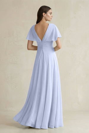 V - Neck Ruffled Sleeve A - Line Chiffon Bridesmaid Dress in Ice - KissProm Bridesmaid Dresses