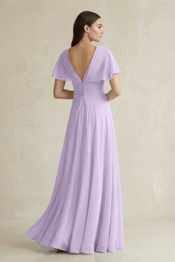 V - Neck Ruffled Sleeve A - Line Chiffon Bridesmaid Dress in Lavender - KissProm Bridesmaid Dresses
