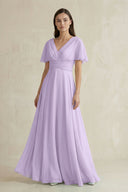 V - Neck Ruffled Sleeve A - Line Chiffon Bridesmaid Dress in Lavender - KissProm Bridesmaid Dresses