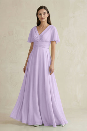 V - Neck Ruffled Sleeve A - Line Chiffon Bridesmaid Dress in Lavender - KissProm Bridesmaid Dresses