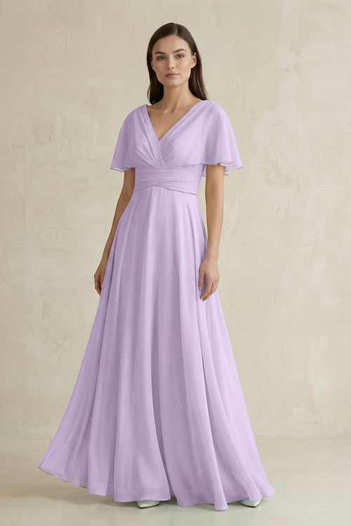 V - Neck Ruffled Sleeve A - Line Chiffon Bridesmaid Dress in Lavender - KissProm Bridesmaid Dresses