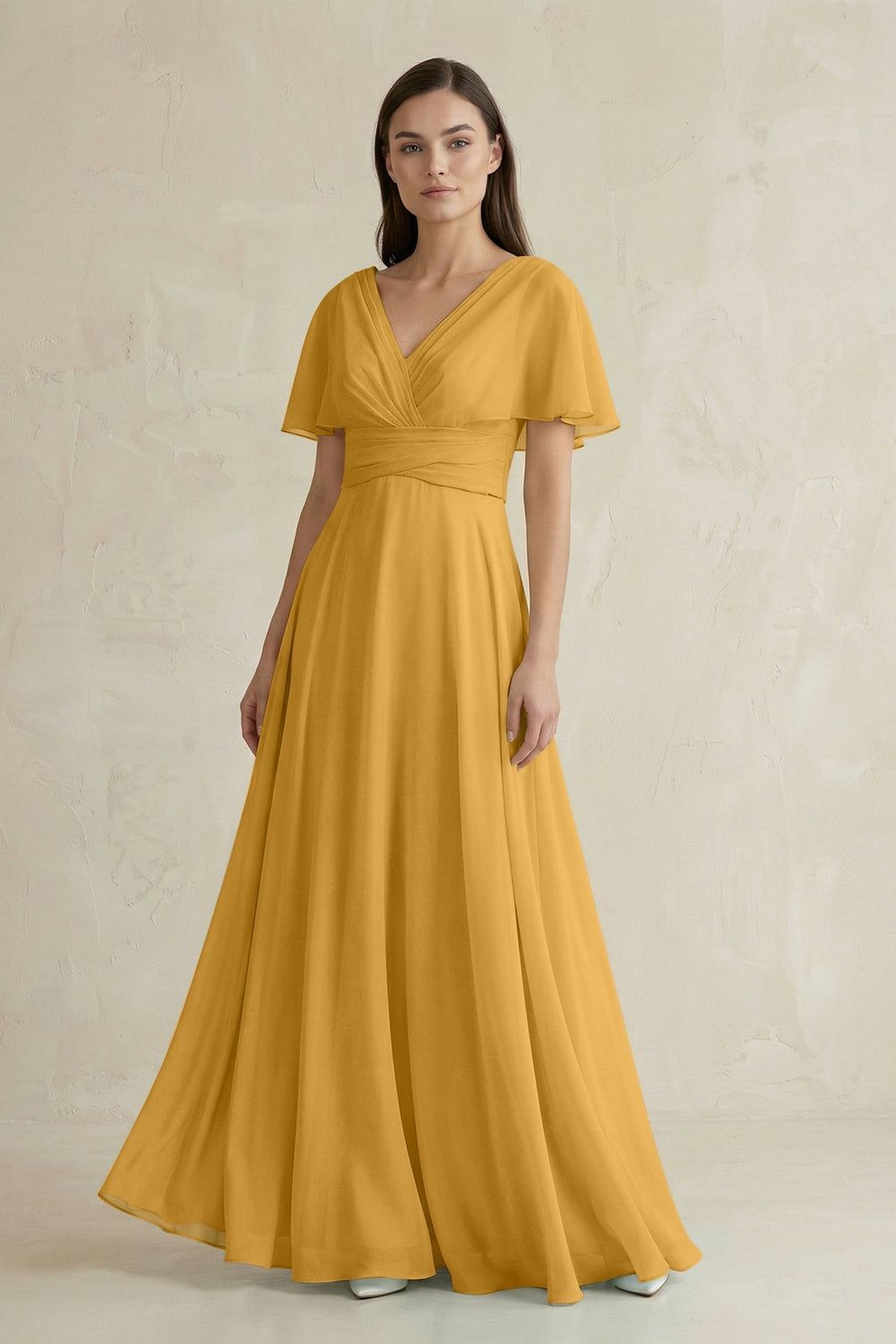 V - Neck Ruffled Sleeve A - Line Chiffon Bridesmaid Dress in Marigold - KissProm Bridesmaid Dresses