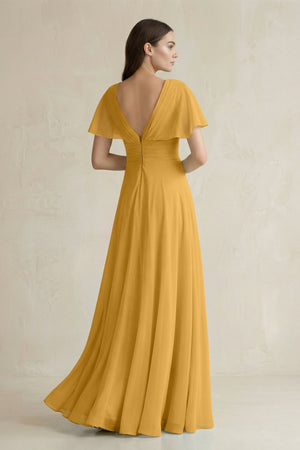 V - Neck Ruffled Sleeve A - Line Chiffon Bridesmaid Dress in Marigold - KissProm Bridesmaid Dresses