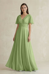 V - Neck Ruffled Sleeve A - Line Chiffon Bridesmaid Dress in Matcha - KissProm Bridesmaid Dresses
