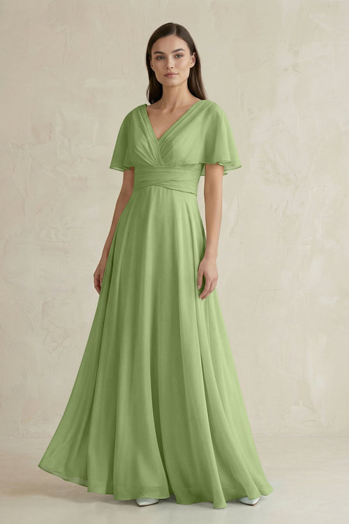 V - Neck Ruffled Sleeve A - Line Chiffon Bridesmaid Dress in Matcha - KissProm Bridesmaid Dresses