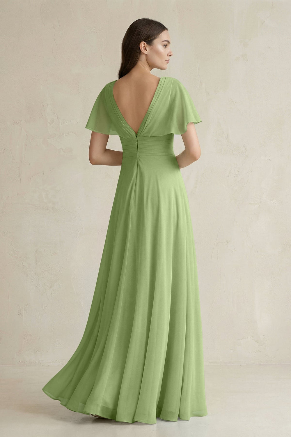 V - Neck Ruffled Sleeve A - Line Chiffon Bridesmaid Dress in Matcha - KissProm Bridesmaid Dresses