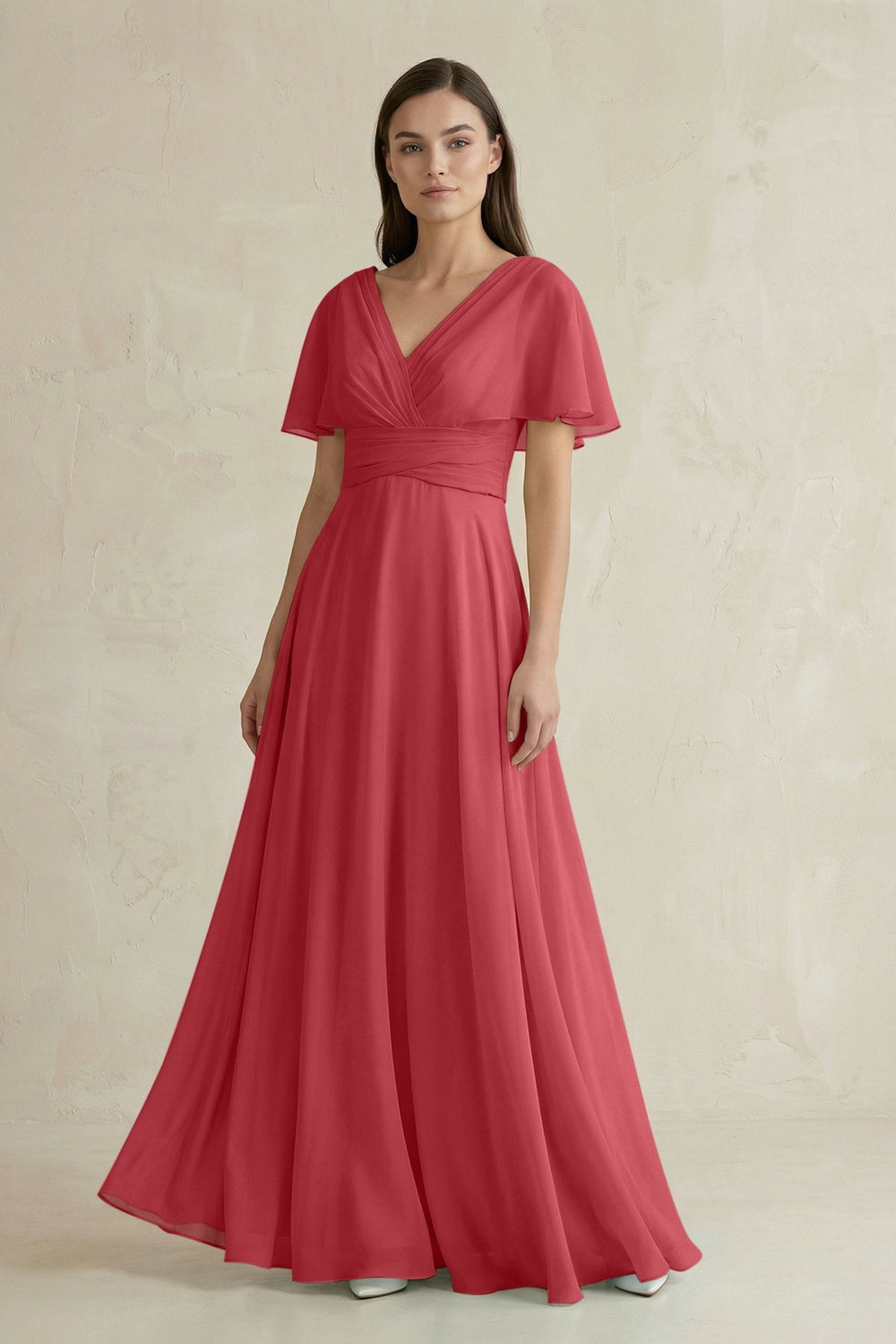 V - Neck Ruffled Sleeve A - Line Chiffon Bridesmaid Dress in Merlot - KissProm Bridesmaid Dresses