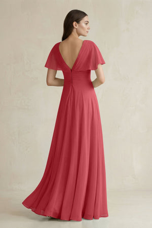 V - Neck Ruffled Sleeve A - Line Chiffon Bridesmaid Dress in Merlot - KissProm Bridesmaid Dresses