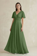 V - Neck Ruffled Sleeve A - Line Chiffon Bridesmaid Dress in Moss - KissProm Bridesmaid Dresses