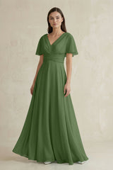 V - Neck Ruffled Sleeve A - Line Chiffon Bridesmaid Dress in Moss - KissProm Bridesmaid Dresses