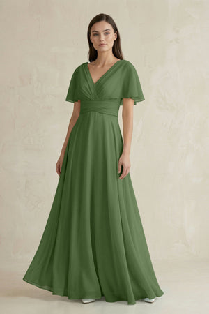 V - Neck Ruffled Sleeve A - Line Chiffon Bridesmaid Dress in Moss - KissProm Bridesmaid Dresses