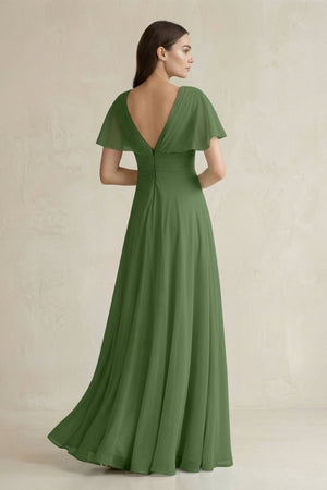 V - Neck Ruffled Sleeve A - Line Chiffon Bridesmaid Dress in Moss - KissProm Bridesmaid Dresses