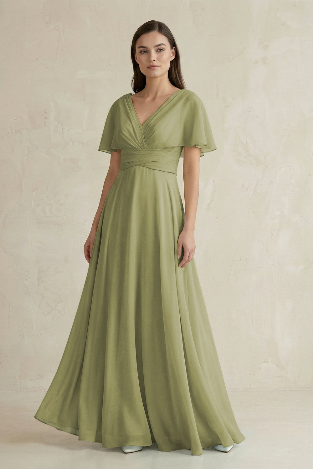 V - Neck Ruffled Sleeve A - Line Chiffon Bridesmaid Dress in Moss Green - KissProm Bridesmaid Dresses