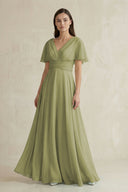 V - Neck Ruffled Sleeve A - Line Chiffon Bridesmaid Dress in Moss Green - KissProm Bridesmaid Dresses