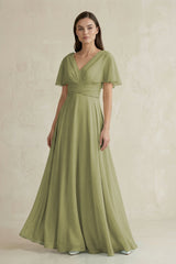 V - Neck Ruffled Sleeve A - Line Chiffon Bridesmaid Dress in Moss Green - KissProm Bridesmaid Dresses