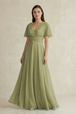 V - Neck Ruffled Sleeve A - Line Chiffon Bridesmaid Dress in Moss Green - KissProm Bridesmaid Dresses