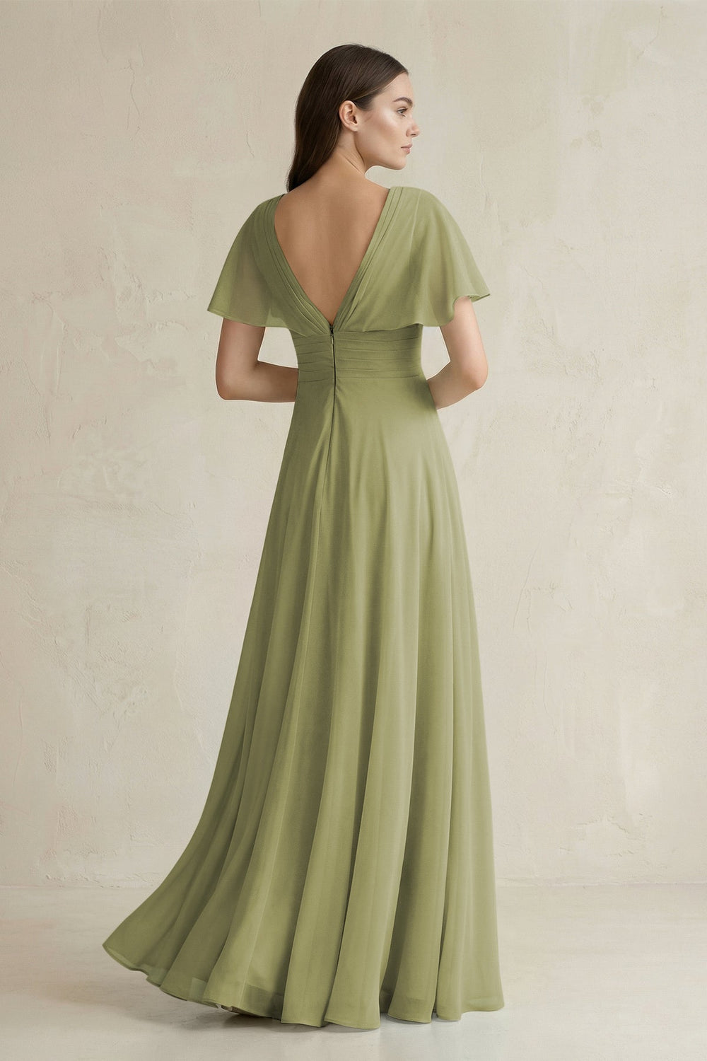 V - Neck Ruffled Sleeve A - Line Chiffon Bridesmaid Dress in Moss Green - KissProm Bridesmaid Dresses