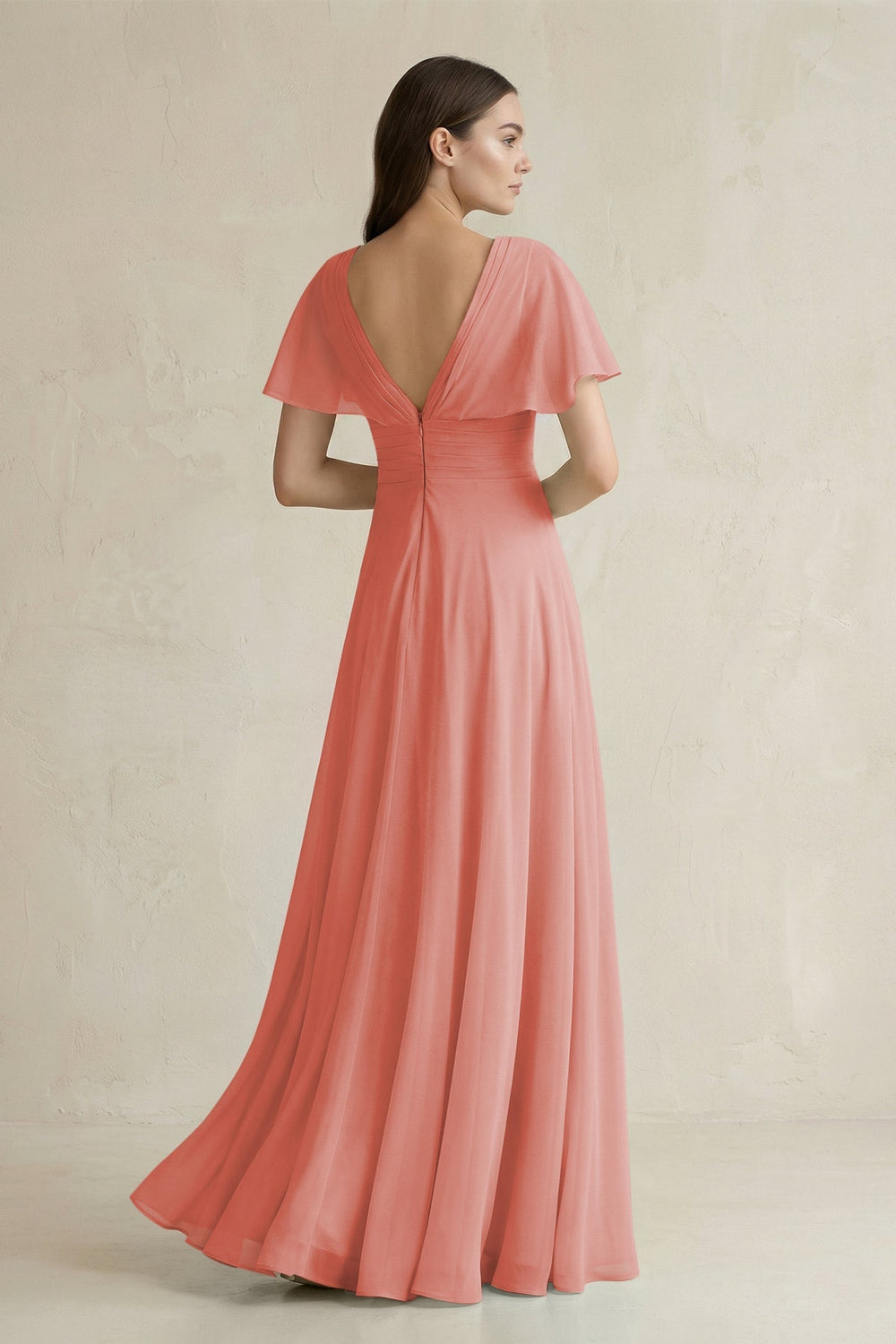 V - Neck Ruffled Sleeve A - Line Chiffon Bridesmaid Dress in Mulberry - KissProm Bridesmaid Dresses