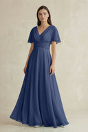 V - Neck Ruffled Sleeve A - Line Chiffon Bridesmaid Dress in Navy - KissProm Bridesmaid Dresses