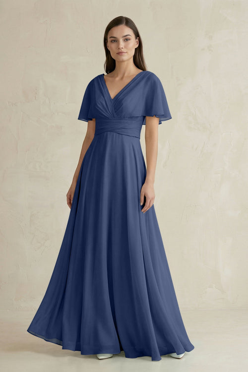 V - Neck Ruffled Sleeve A - Line Chiffon Bridesmaid Dress in Navy - KissProm Bridesmaid Dresses