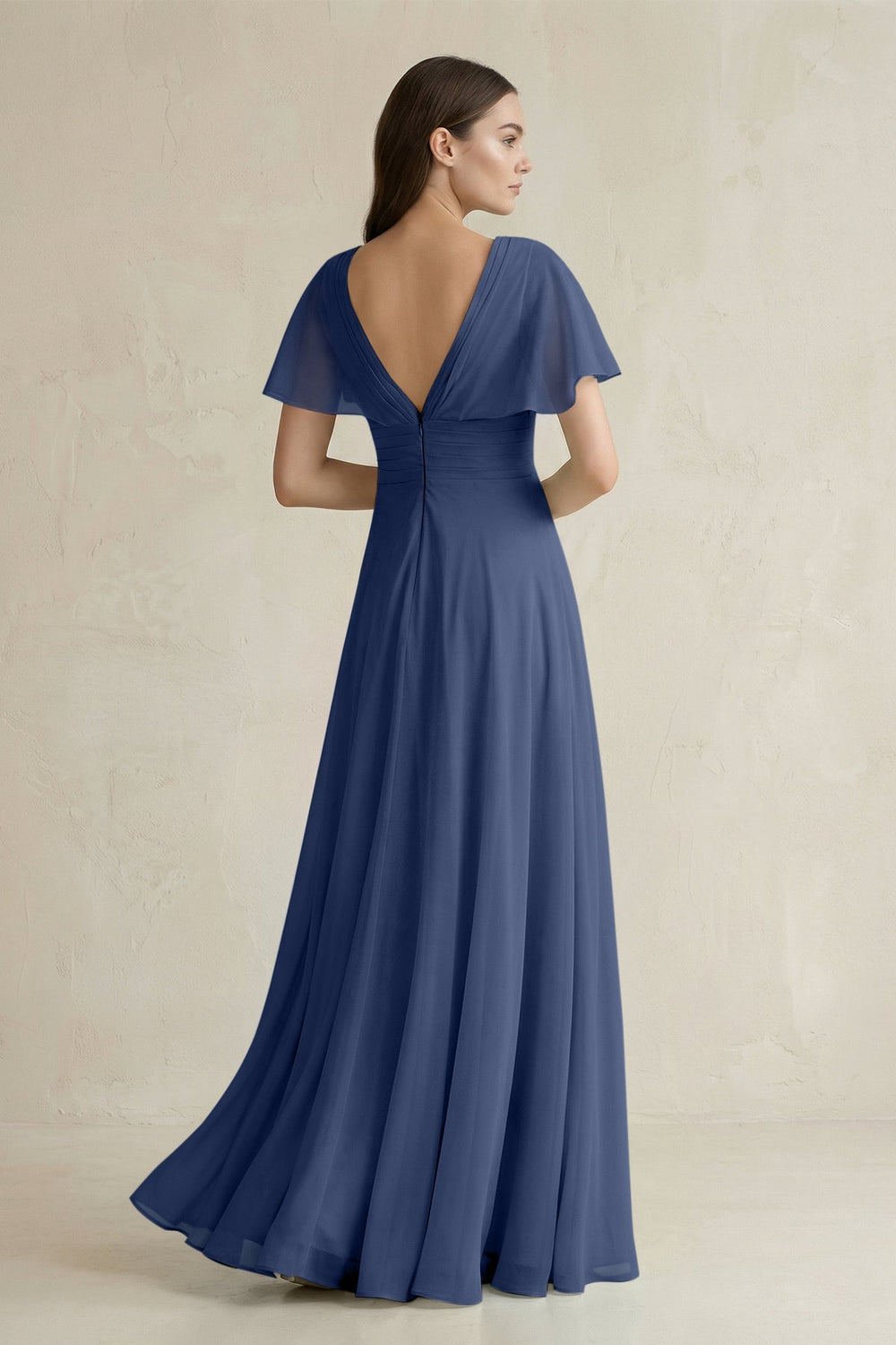 V - Neck Ruffled Sleeve A - Line Chiffon Bridesmaid Dress in Navy - KissProm Bridesmaid Dresses