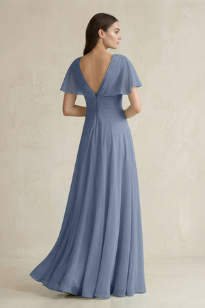 V - Neck Ruffled Sleeve A - Line Chiffon Bridesmaid Dress in Neptune - KissProm Bridesmaid Dresses