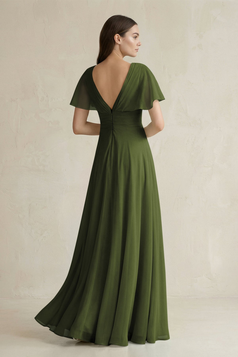 V - Neck Ruffled Sleeve A - Line Chiffon Bridesmaid Dress in Olive - KissProm Bridesmaid Dresses