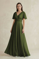 V - Neck Ruffled Sleeve A - Line Chiffon Bridesmaid Dress in Olive - KissProm Bridesmaid Dresses