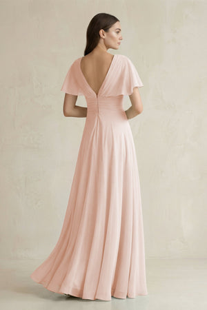 V - Neck Ruffled Sleeve A - Line Chiffon Bridesmaid Dress in Pale Blush - KissProm Bridesmaid Dresses