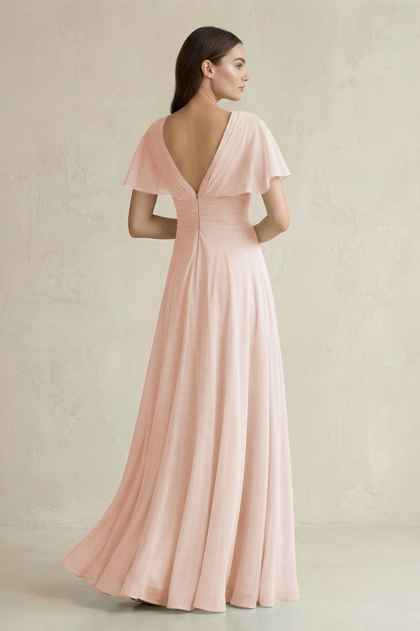 V - Neck Ruffled Sleeve A - Line Chiffon Bridesmaid Dress in Pale Blush - KissProm Bridesmaid Dresses