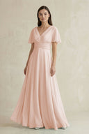 V - Neck Ruffled Sleeve A - Line Chiffon Bridesmaid Dress in Pale Blush - KissProm Bridesmaid Dresses