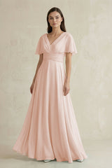 V - Neck Ruffled Sleeve A - Line Chiffon Bridesmaid Dress in Pale Blush - KissProm Bridesmaid Dresses