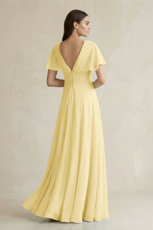 V - Neck Ruffled Sleeve A - Line Chiffon Bridesmaid Dress in Pastel Yellow - KissProm Bridesmaid Dresses
