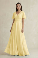V - Neck Ruffled Sleeve A - Line Chiffon Bridesmaid Dress in Pastel Yellow - KissProm Bridesmaid Dresses
