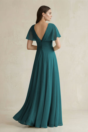 V - Neck Ruffled Sleeve A - Line Chiffon Bridesmaid Dress in Pine - KissProm Bridesmaid Dresses