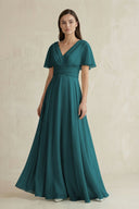 V - Neck Ruffled Sleeve A - Line Chiffon Bridesmaid Dress in Pine - KissProm Bridesmaid Dresses