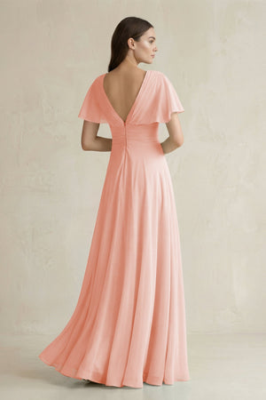 V - Neck Ruffled Sleeve A - Line Chiffon Bridesmaid Dress in Rose Petal - KissProm Bridesmaid Dresses
