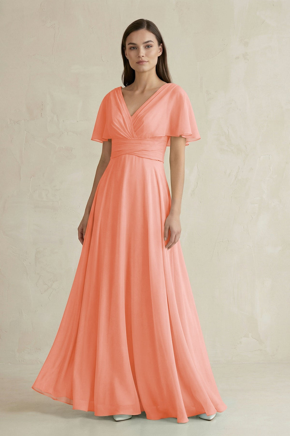 V - Neck Ruffled Sleeve A - Line Chiffon Bridesmaid Dress in Rosette - KissProm Bridesmaid Dresses