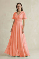 V - Neck Ruffled Sleeve A - Line Chiffon Bridesmaid Dress in Rosette - KissProm Bridesmaid Dresses