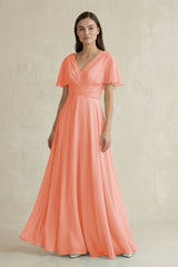 V - Neck Ruffled Sleeve A - Line Chiffon Bridesmaid Dress in Rosette - KissProm Bridesmaid Dresses