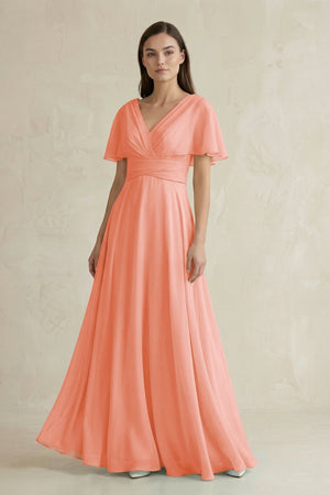 V - Neck Ruffled Sleeve A - Line Chiffon Bridesmaid Dress in Rosette - KissProm Bridesmaid Dresses