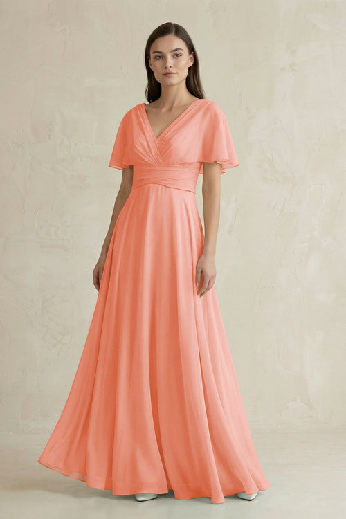 V - Neck Ruffled Sleeve A - Line Chiffon Bridesmaid Dress in Rosette - KissProm Bridesmaid Dresses