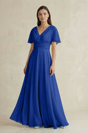 V - Neck Ruffled Sleeve A - Line Chiffon Bridesmaid Dress in Royal Blue - KissProm Bridesmaid Dresses