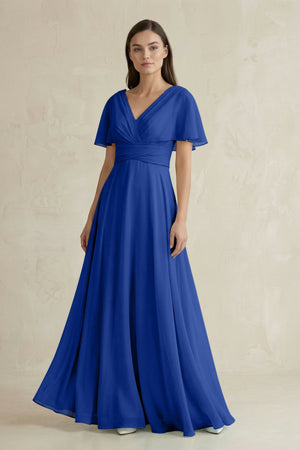 V - Neck Ruffled Sleeve A - Line Chiffon Bridesmaid Dress in Royal Blue - KissProm Bridesmaid Dresses