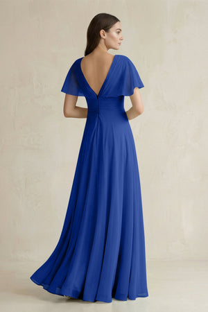 V - Neck Ruffled Sleeve A - Line Chiffon Bridesmaid Dress in Royal Blue - KissProm Bridesmaid Dresses