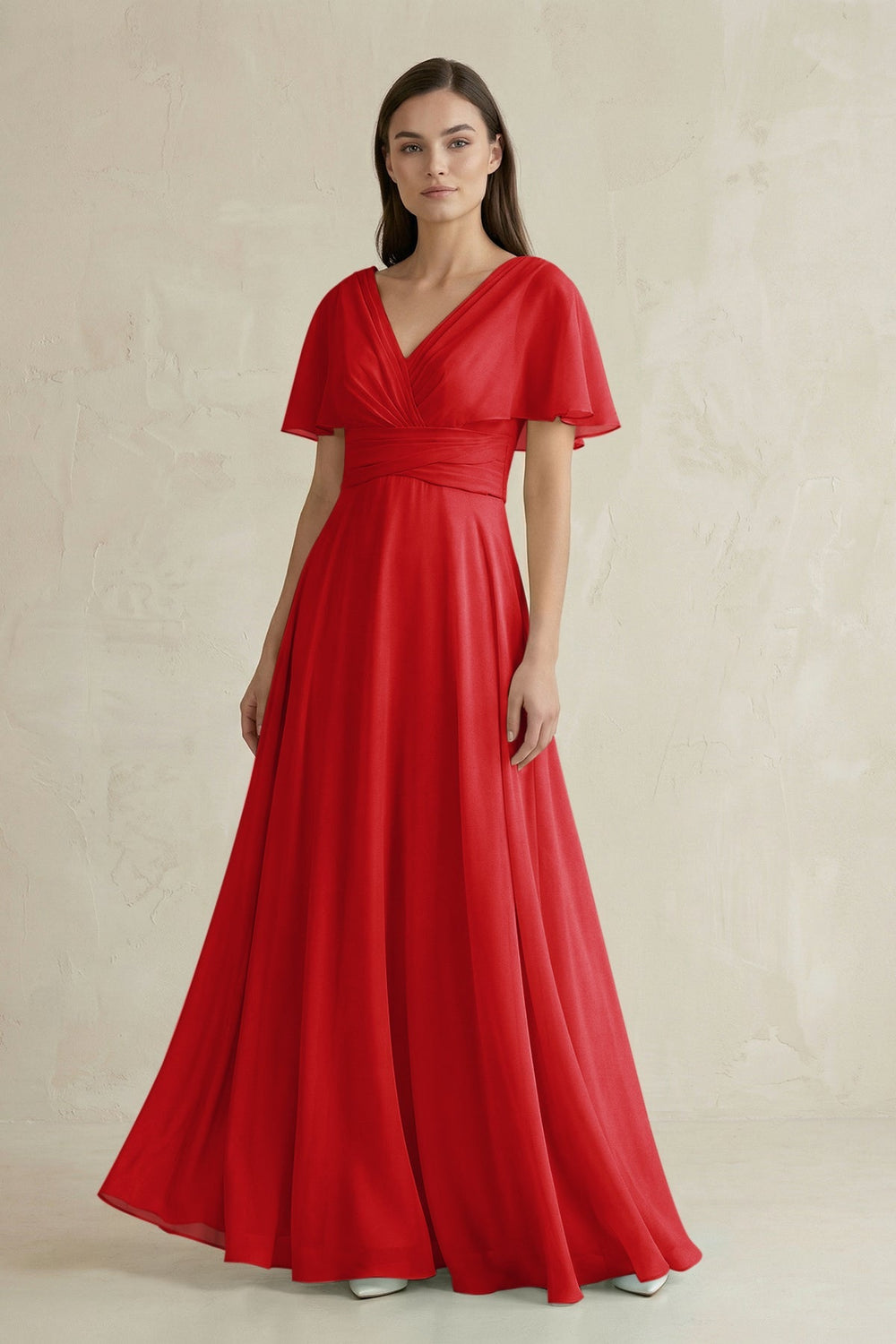 V - Neck Ruffled Sleeve A - Line Chiffon Bridesmaid Dress in Ruby Red - KissProm Bridesmaid Dresses