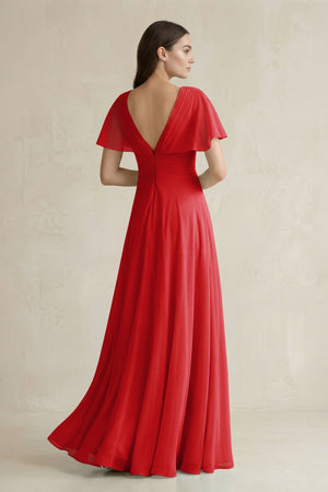V - Neck Ruffled Sleeve A - Line Chiffon Bridesmaid Dress in Ruby Red - KissProm Bridesmaid Dresses