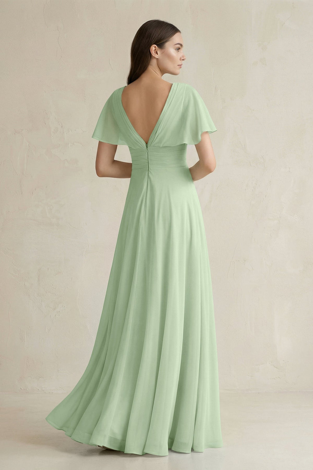 V - Neck Ruffled Sleeve A - Line Chiffon Bridesmaid Dress in Sage - KissProm Bridesmaid Dresses